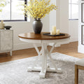 HULALA HOME Round Dining Table for 4, 42" Rustic Farmhouse Pedestal Table with White Brushed Finish, Solid Rubberwood Base(White)