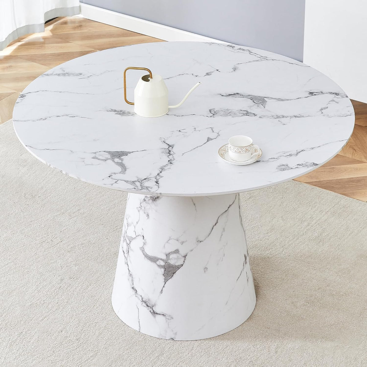 White Dining Table,45'' Round Dining Table for 4-6,Modern Marble-Look Kitchen Table with Stable Base,Space Saving Dinner Table for Kitchen,Apartment,Study.