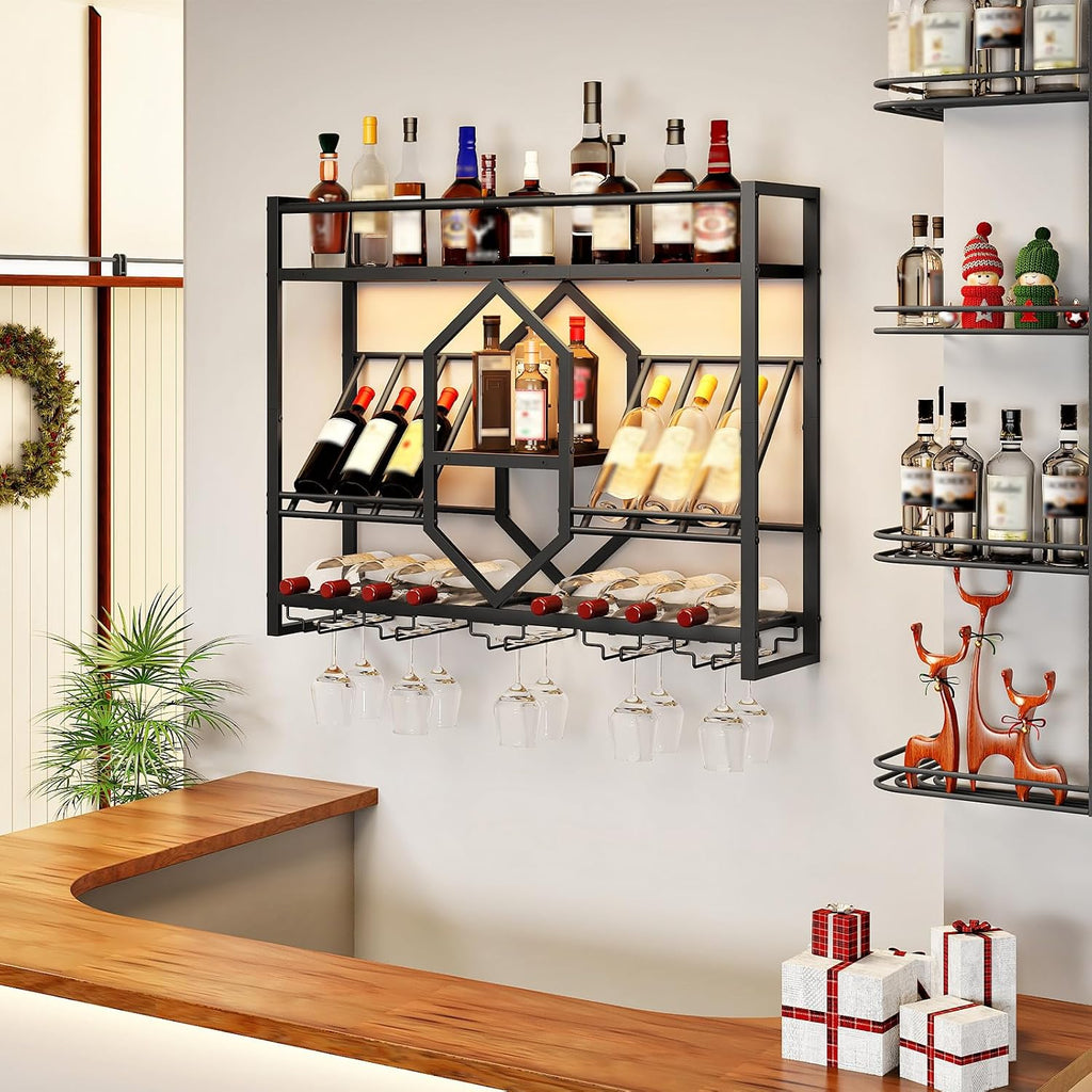 HOOBRO Wall Mounted Wine Rack with LED Light, 31.5" Wine Shelf, 3 Tier Wine Bottle Display Shelf with Glass Holder, Hanging Bar Liquor Storage Rack, for Kitchen, Bar, Black BB73DBJ01