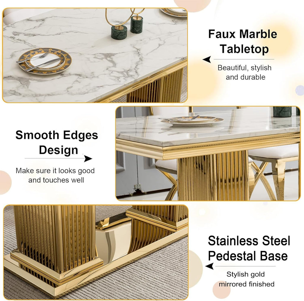 68 in Faux Marble Dining Table for 4-6, White Marble Dining Table with Gold Stainless Steel Base, Luxury Rectangular Dining Room Table for Kitchen, Living Room, Apartment, Family Meals, Dinner Parties