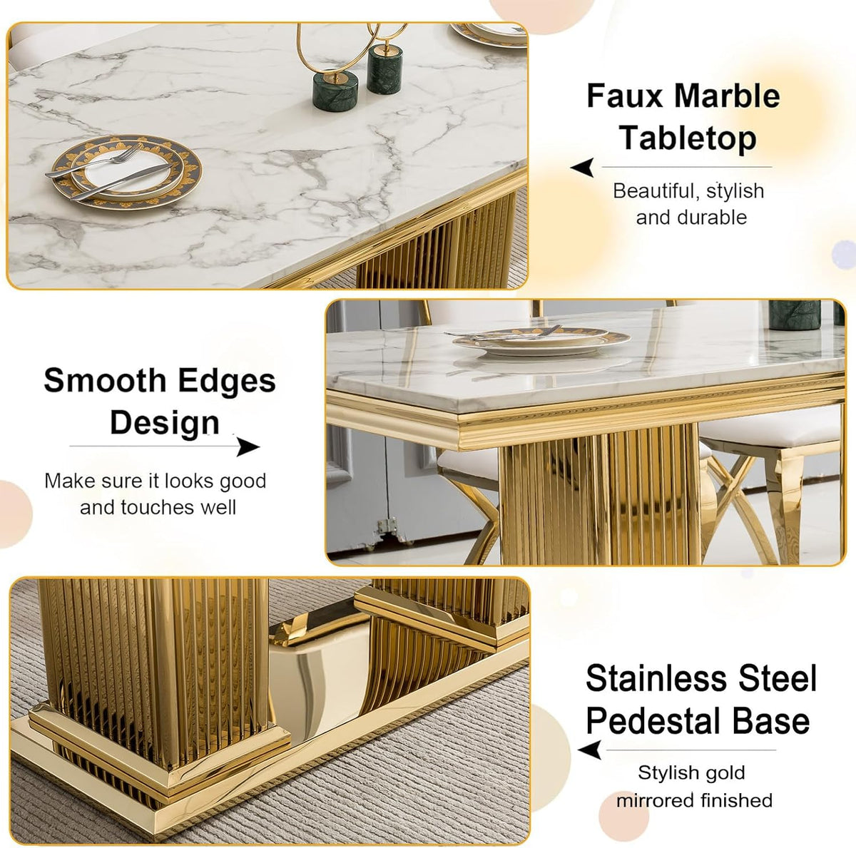 68 in Faux Marble Dining Table for 4-6, White Marble Dining Table with Gold Stainless Steel Base, Luxury Rectangular Dining Room Table for Kitchen, Living Room, Apartment, Family Meals, Dinner Parties