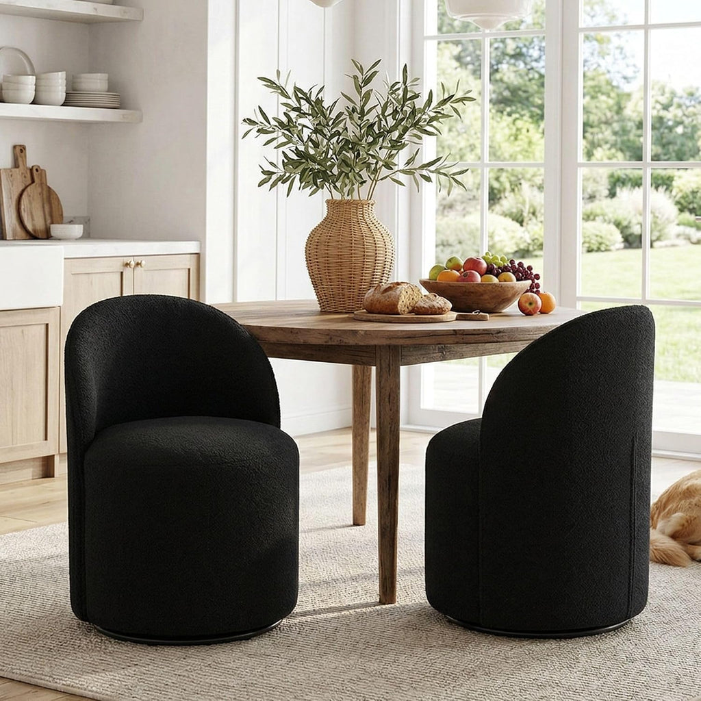 HNY Upholstered Swivel Dining Chairs Set of 6, Mid Century Modern Kitchen Round Sherpa Boucle Dining Room Chairs, Barrel Comfy Armless Accent Makeup Vanity Side Chairs for Living Room, Black