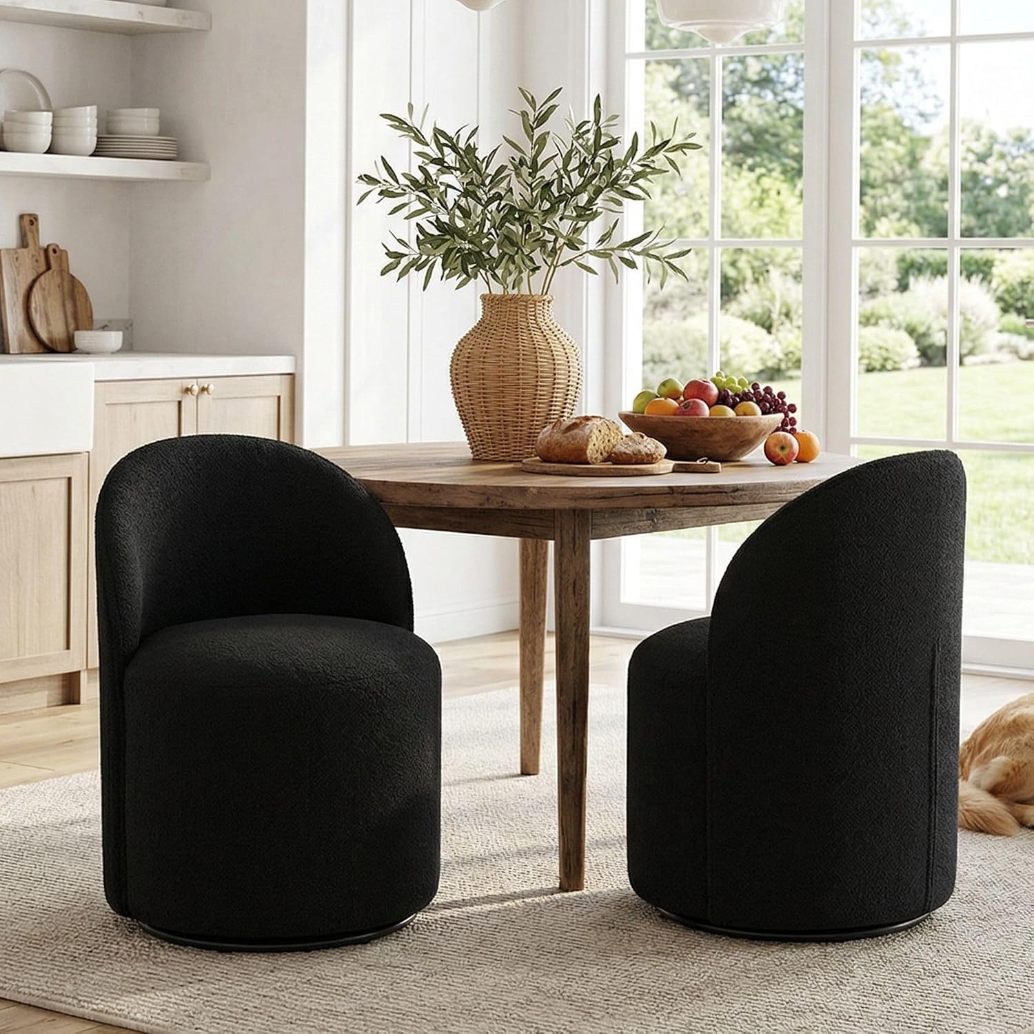 HNY Upholstered Swivel Dining Chairs Set of 6, Mid Century Modern Kitchen Round Sherpa Boucle Dining Room Chairs, Barrel Comfy Armless Accent Makeup Vanity Side Chairs for Living Room, Black