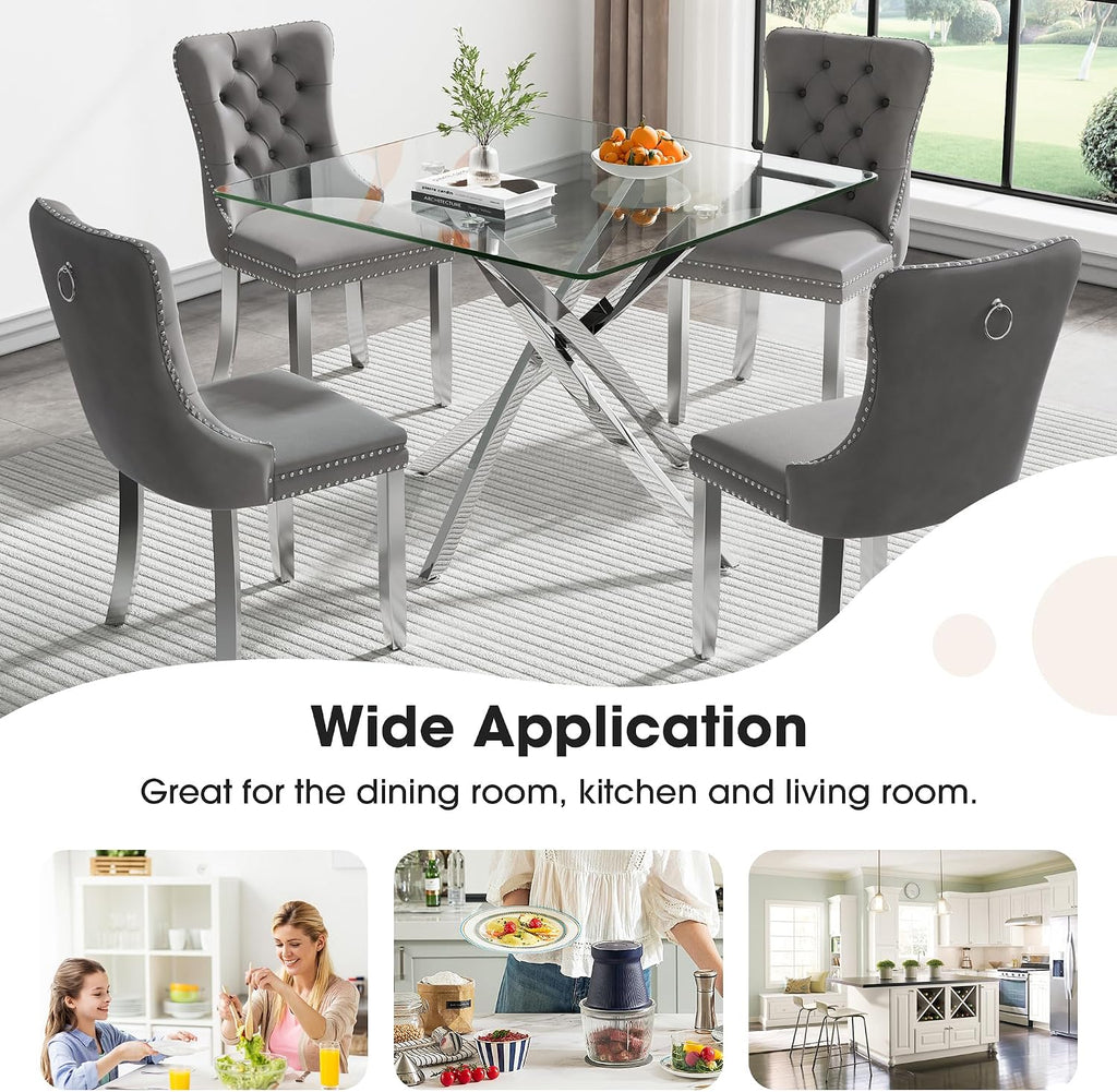 36 inch Square Glass Dining Table, Modern Dining Table for 4, Square Kitchen Table with Tempered Glass Top & Silver Chrome Metal Legs for Dining Room, Living Room, Apartment, Small Space