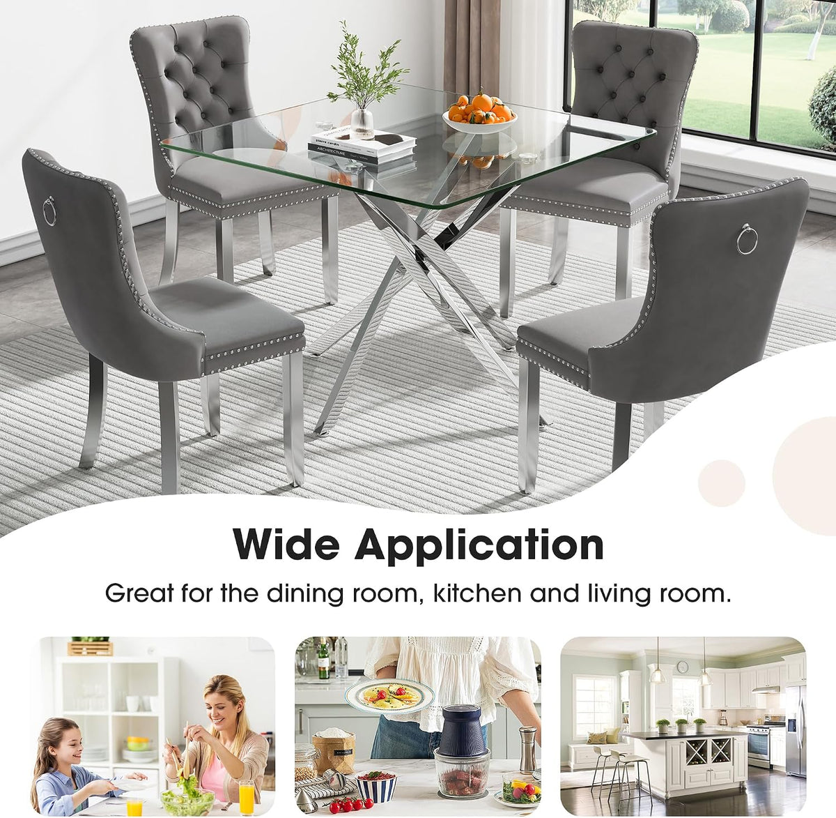 36 inch Square Glass Dining Table, Modern Dining Table for 4, Square Kitchen Table with Tempered Glass Top & Silver Chrome Metal Legs for Dining Room, Living Room, Apartment, Small Space