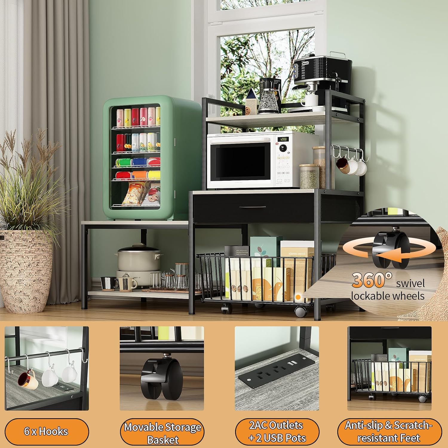 kepptory Mini Fridge Stand with Storage, Mini Refrigerator Stand with Power Outlet, Wine Fridge Table with Movable Storage Basket, Heavy Duty Beverage Refrigerator Table for Dorm Home Use, Gray