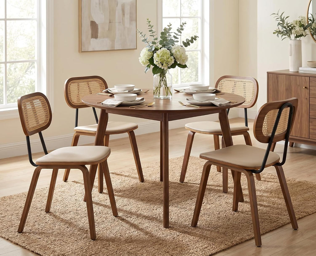 CIMOTA Mid Century Modern Dining Chairs Set of 4, Rattan Back Kitchen Chairs with Solid Wood Frame, Upholstered Faux Leather Seat, Armless Cane Dining Room Chair for Kitchen, Farmhouse, PU Beige