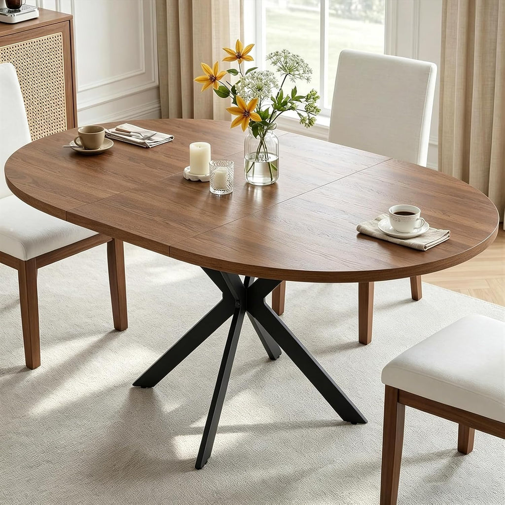 mikibama 54" Extendable Round Dining Table for 4-6, Modern Oval Kitchen Table with Metal Legs & Faux Wood Grain Top, Space Saving Expandable Dining Room Table for Small Space, Easy Assembly, Walnut