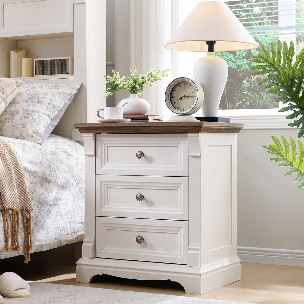 Farmhouse 26"H Nightstand Set of 2, 23.6"W End Table with Charging Station | 3 Drawers Storage, Wood Side Table w/Roman Column, Bedside Cabinet for Bedroom, Living Room, Antique White