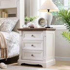 Farmhouse 26"H Nightstand Set of 2, 23.6"W End Table with Charging Station | 3 Drawers Storage, Wood Side Table w/Roman Column, Bedside Cabinet for Bedroom, Living Room, Antique White