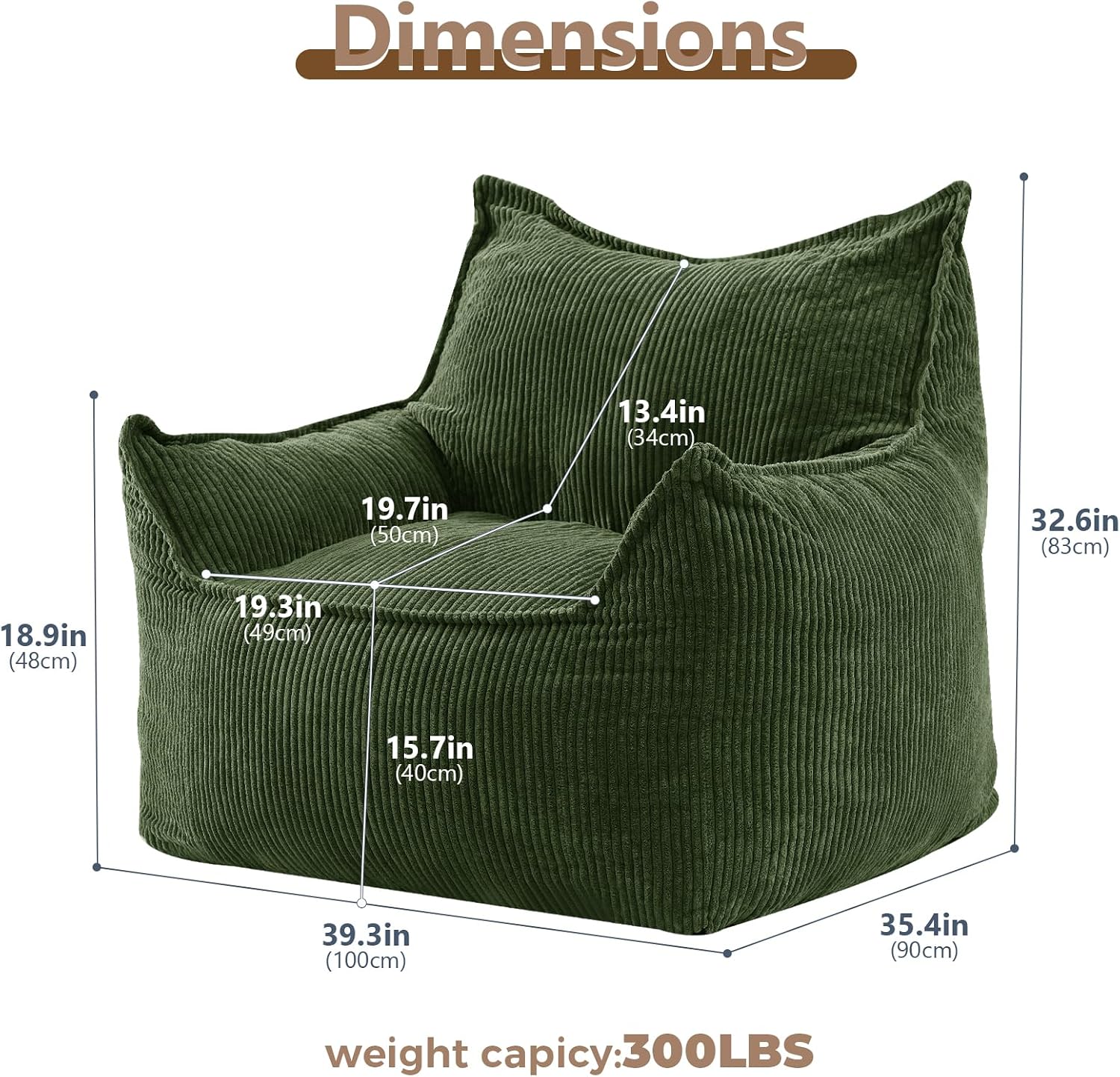 EBENCHICO Giant Bean Bag Chair for Adults, Corduroy Large Bean Bag Chairs for Teens with Armrests, Comfy Adult BeanBag Chair Sofa Couch with Filler Included for Bedroom Living Room