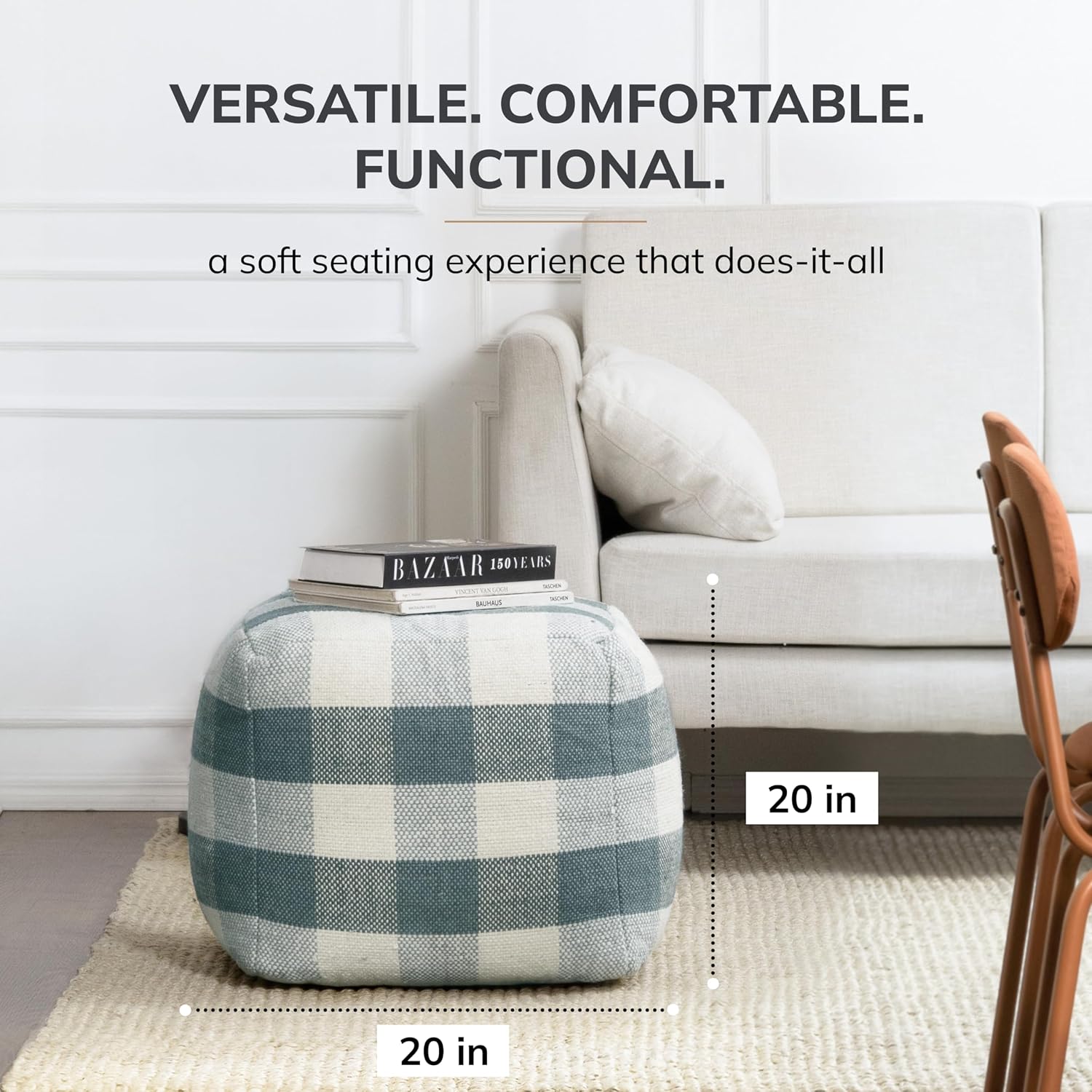 Anji Mountain 20" H x 20" W Handmade Pouf Ottoman for Living Room & Couch | Soft & Fluffy Ottoman Pouf, Lightweight, Decorative Floor Pouf Seating for Bedroom & Home Décor Accent, Sea Mist