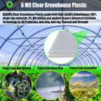 6 mil (8ft x 25ft) 100% Virgin Material. 5Layers Advanced Extrusion Technology for UV Protection, Anti-drip, Anti-Fog, Thermal and Strength. 4Years Lifetime UV Resistant Greenhouse Plastic