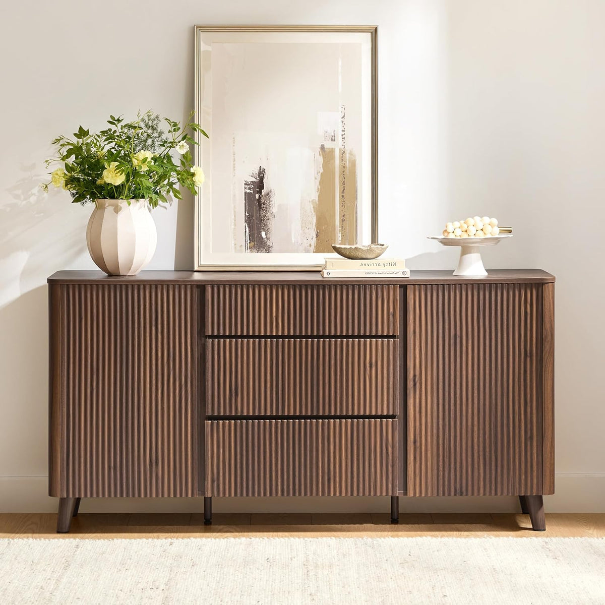 CHITA 62" Sideboard Buffet Cabinet with Storage, Living Room Accent Cabinet with Drawers, Doors and Adjustable Shelves, for Bar, Kitchen, Walnut