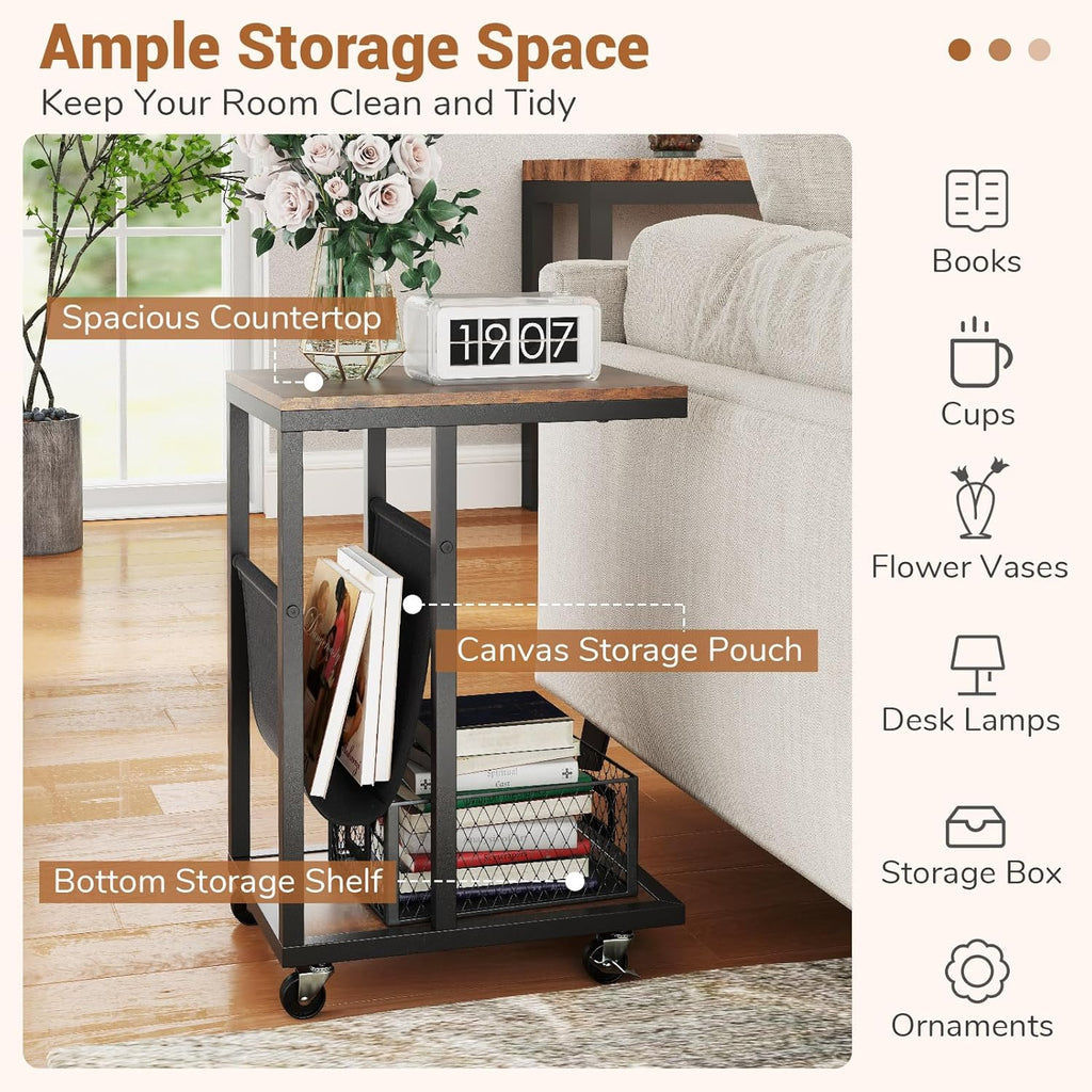 Giantex C Shaped End Table with Rolling Wheels, Sofa Side Table with Magazine Storage Holder & Metal Frame, Mobile TV Tray Table for Small Space Living Room, 16" L x 11" W x 23" H, Rustic Brown