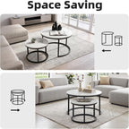 Nesting Coffee Table White Marble Pattern Wooden with Black Frame | 31.49" Round Coffee Tables for Living Room, Waiting Room, Apartment, Office, Balcony, Set of 2