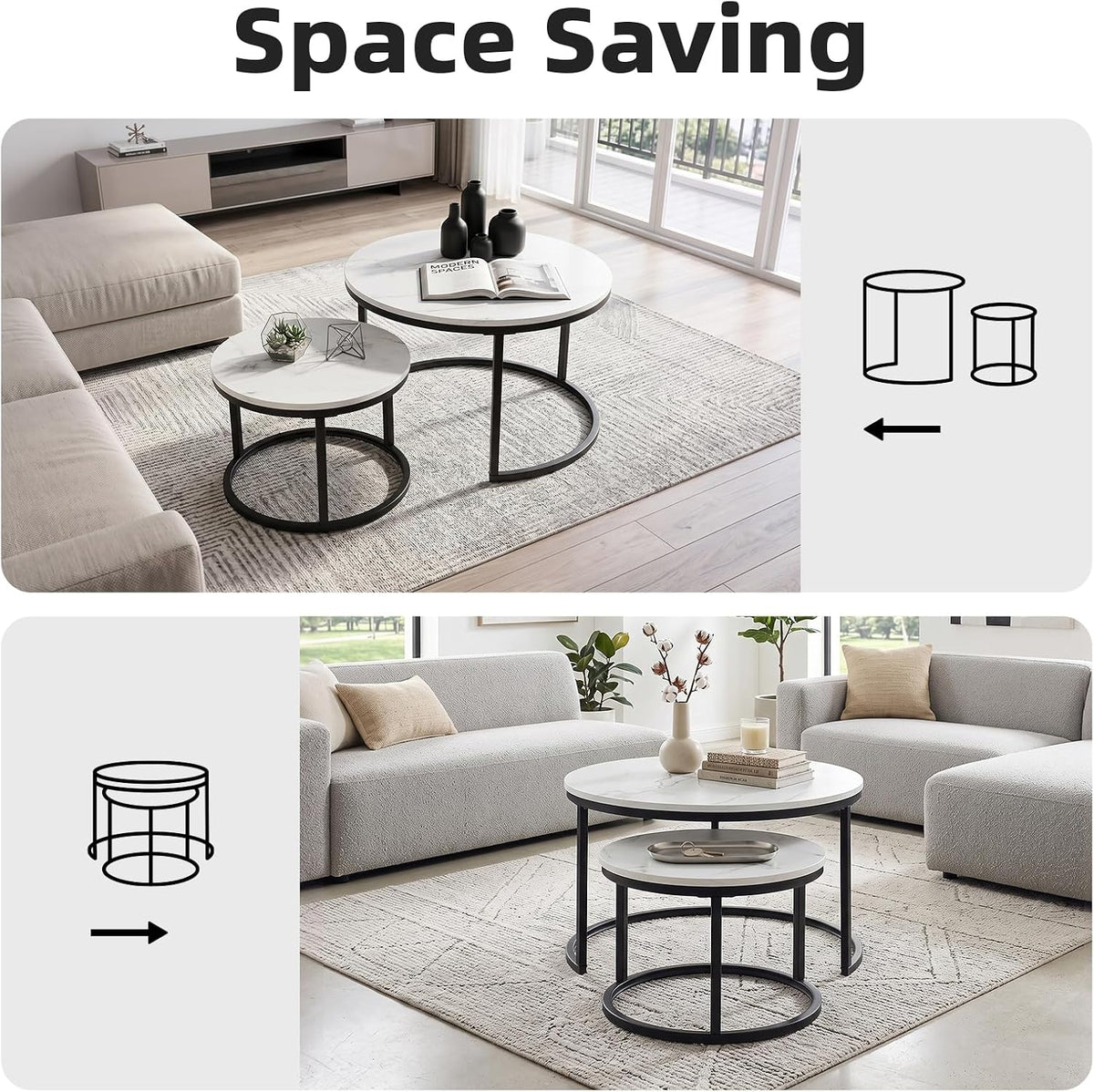 Nesting Coffee Table White Marble Pattern Wooden with Black Frame | 31.49" Round Coffee Tables for Living Room, Waiting Room, Apartment, Office, Balcony, Set of 2