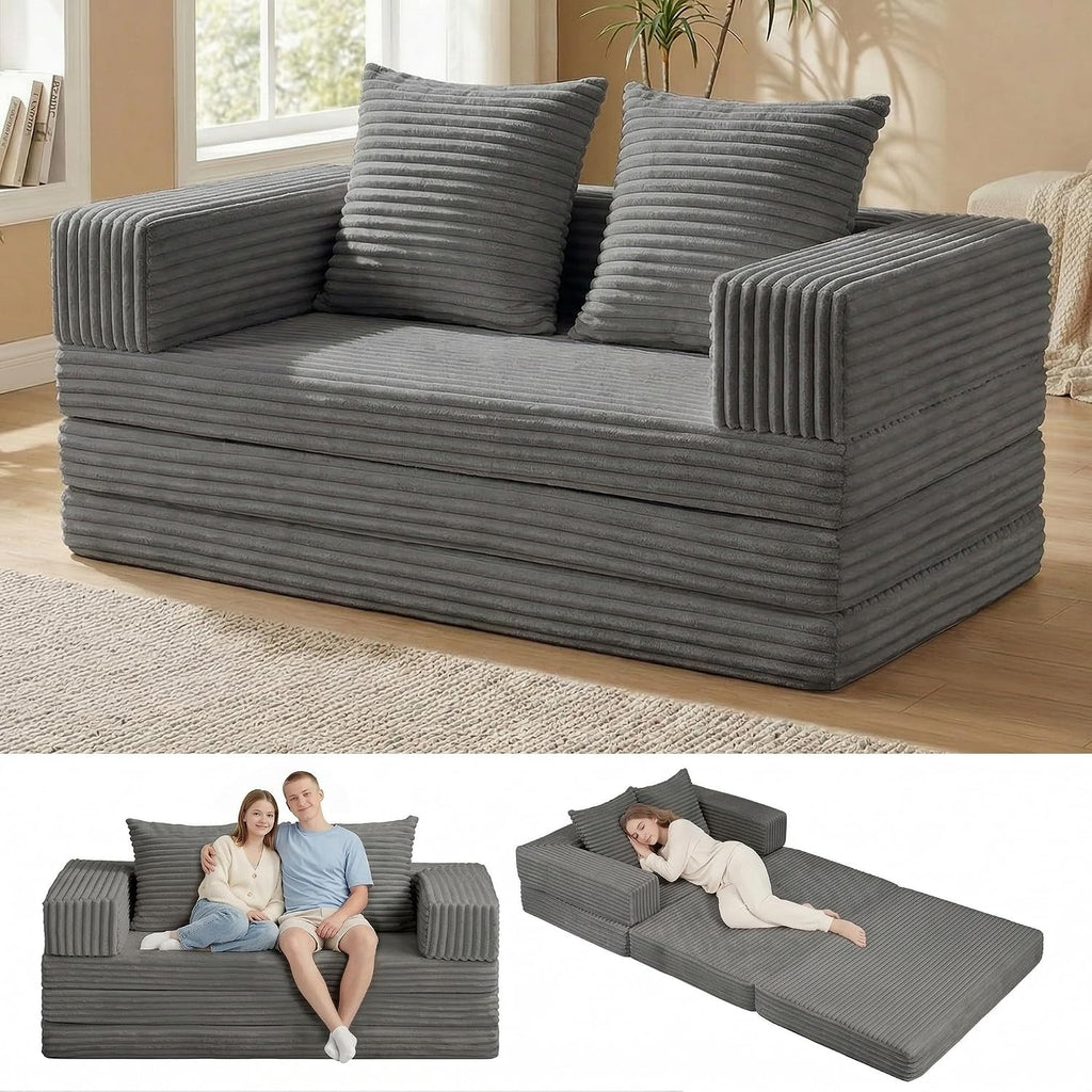 Convertible Sofa Bed, 4-in-1 Loveseat with Removable Armrests Backrest, Corduroy Futon Couch Bed with Pillow, Foldable Mattress Sleeper Sofa for Living Room Bedroom Small Place (Grey)