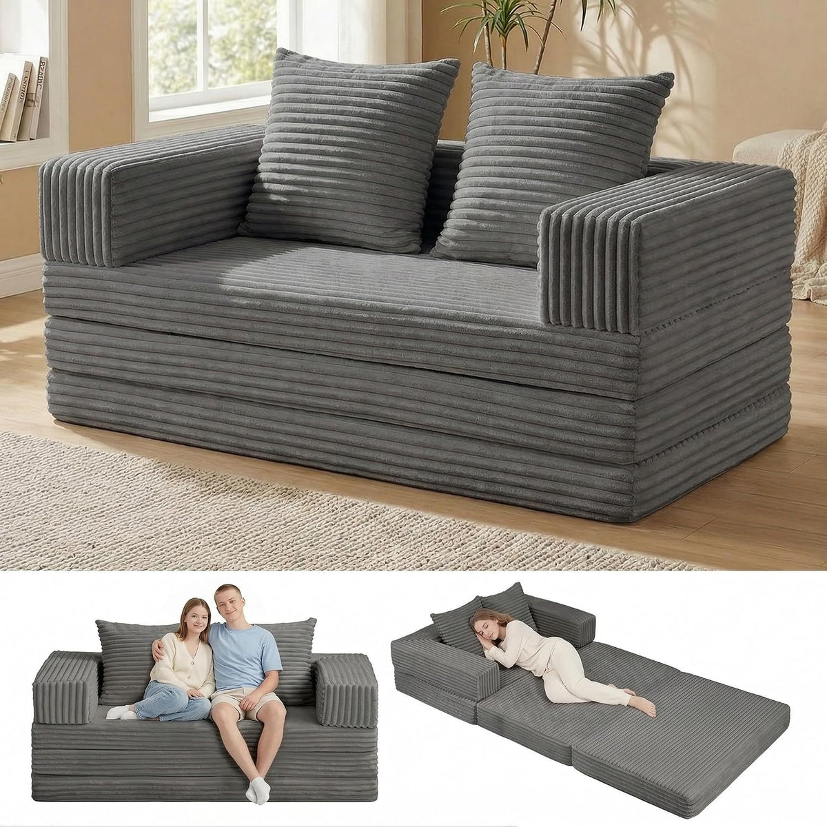 Convertible Sofa Bed, 4-in-1 Loveseat with Removable Armrests Backrest, Corduroy Futon Couch Bed with Pillow, Foldable Mattress Sleeper Sofa for Living Room Bedroom Small Place (Grey)