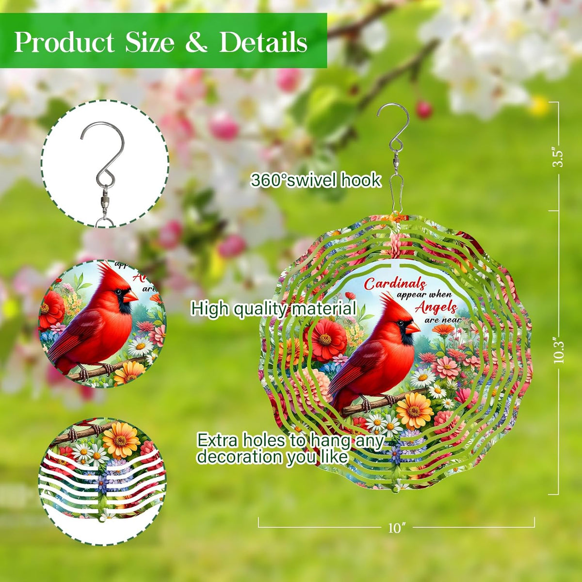 Cardinal Wind Spinner,3D Frosted Wind Spinners Hanging for Yard and Garden Cardinal Wind Spinner with Flower,10" Hanging Wind Sculptures Made of Tough Steel Plate