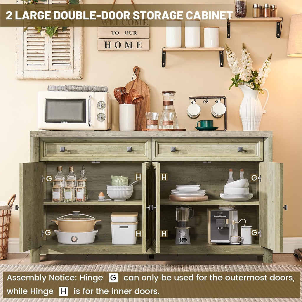Standifurno Farmhouse Buffet Cabinet with Storage, 59" Large Sideboard Credenza with Adjustable Shelves & 4 Doors, Wood Rustic Kitchen Coffee Bar Console for Table Living Room, Natural
