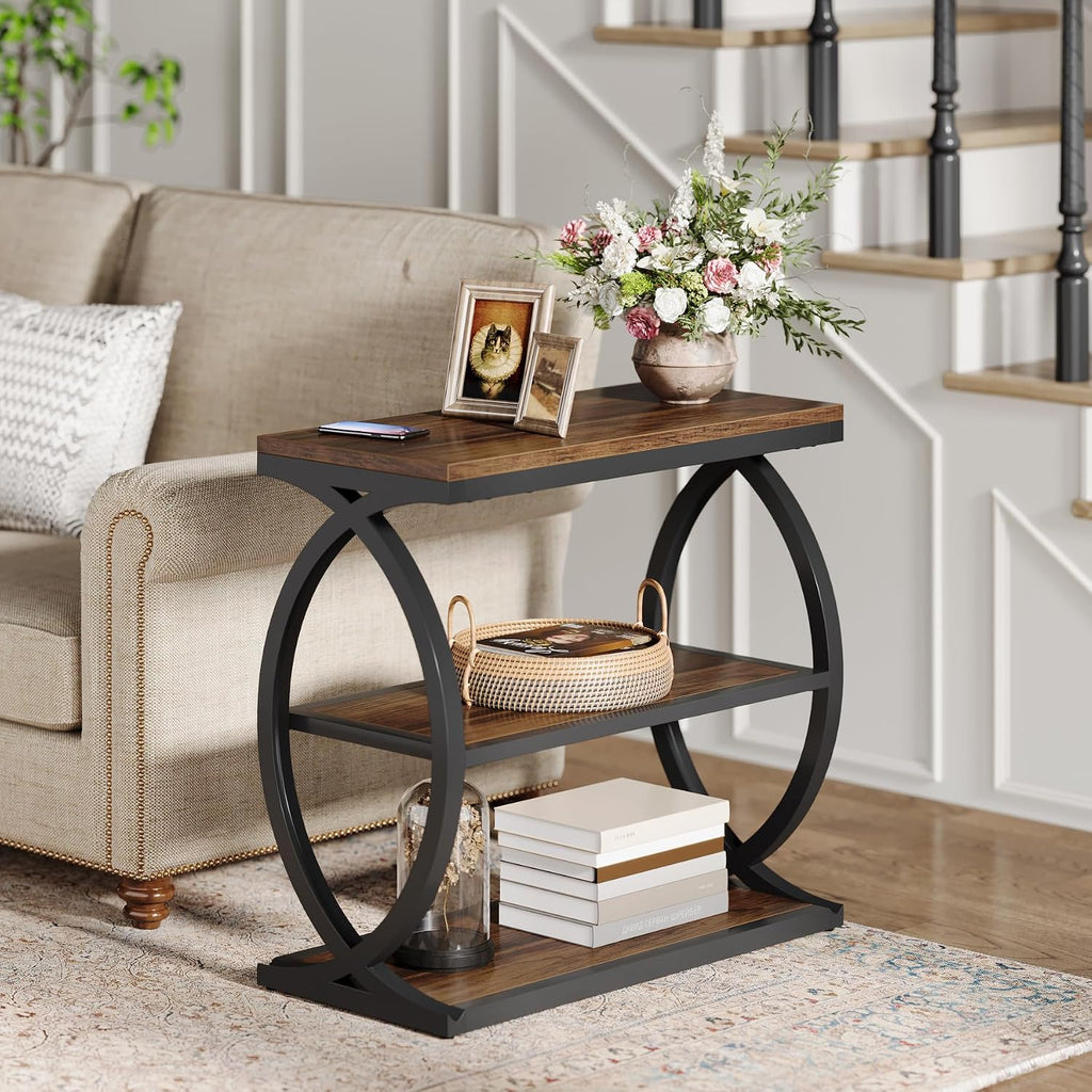 Tribesigns End Table, Narrow 3-Tier End Table for Living Room, Industrial Wooden Side Table with Metal Frame, Small Bedside Nightstand for Bedroom, Small Spaces, Rustic Brown