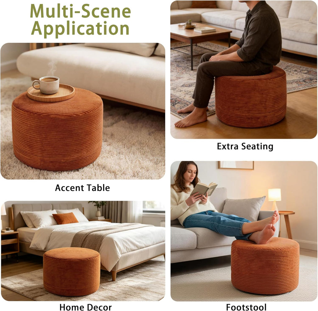 Thgonwid Round Ottoman Pouf, Plush Corduroy Foot Stool with High-Density Memory Foam, 3-in-1 Footrest Extra Seating Side Table for Living Room Bedroom Home Decor, 20 x 14 Inch, Burnt Orange