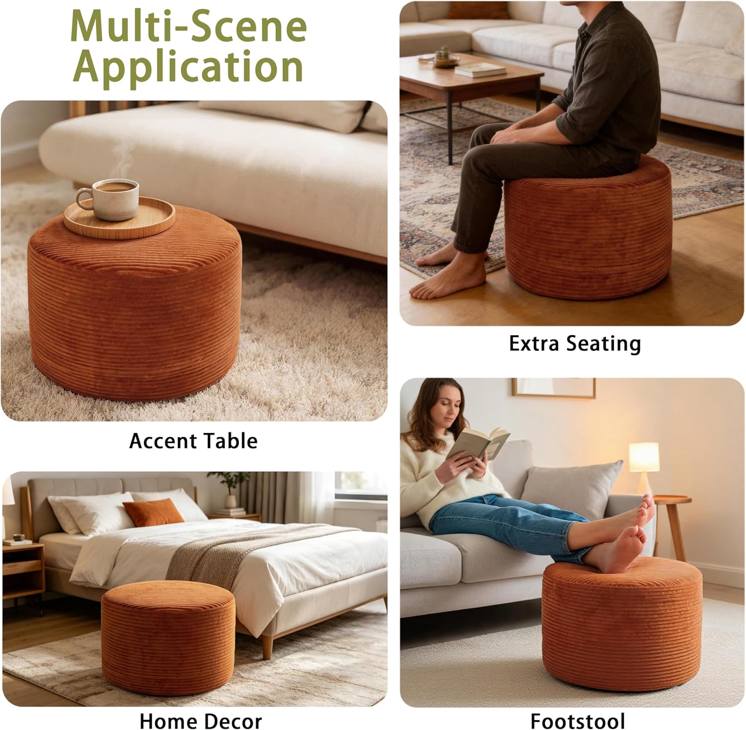 Thgonwid Round Ottoman Pouf, Plush Corduroy Foot Stool with High-Density Memory Foam, 3-in-1 Footrest Extra Seating Side Table for Living Room Bedroom Home Decor, 20 x 14 Inch, Burnt Orange