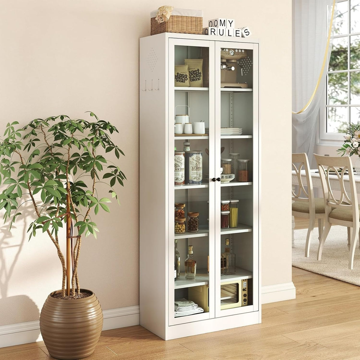 White Kitchen Pantry Cabinet, Freestanding Storage Cabinet with 5 Adjustable Shelves & Glass Doors, Magnetic Closure, for Small Kitchen Pantry Living Room Bathroom, 27.6x13.8x72 Inches