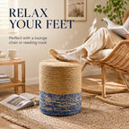Wimarsbon Natural Seagrass Foot Stool, Hand Weaving Round Ottoman, for Living Room, Outdoor Seat (Natural & Blue)