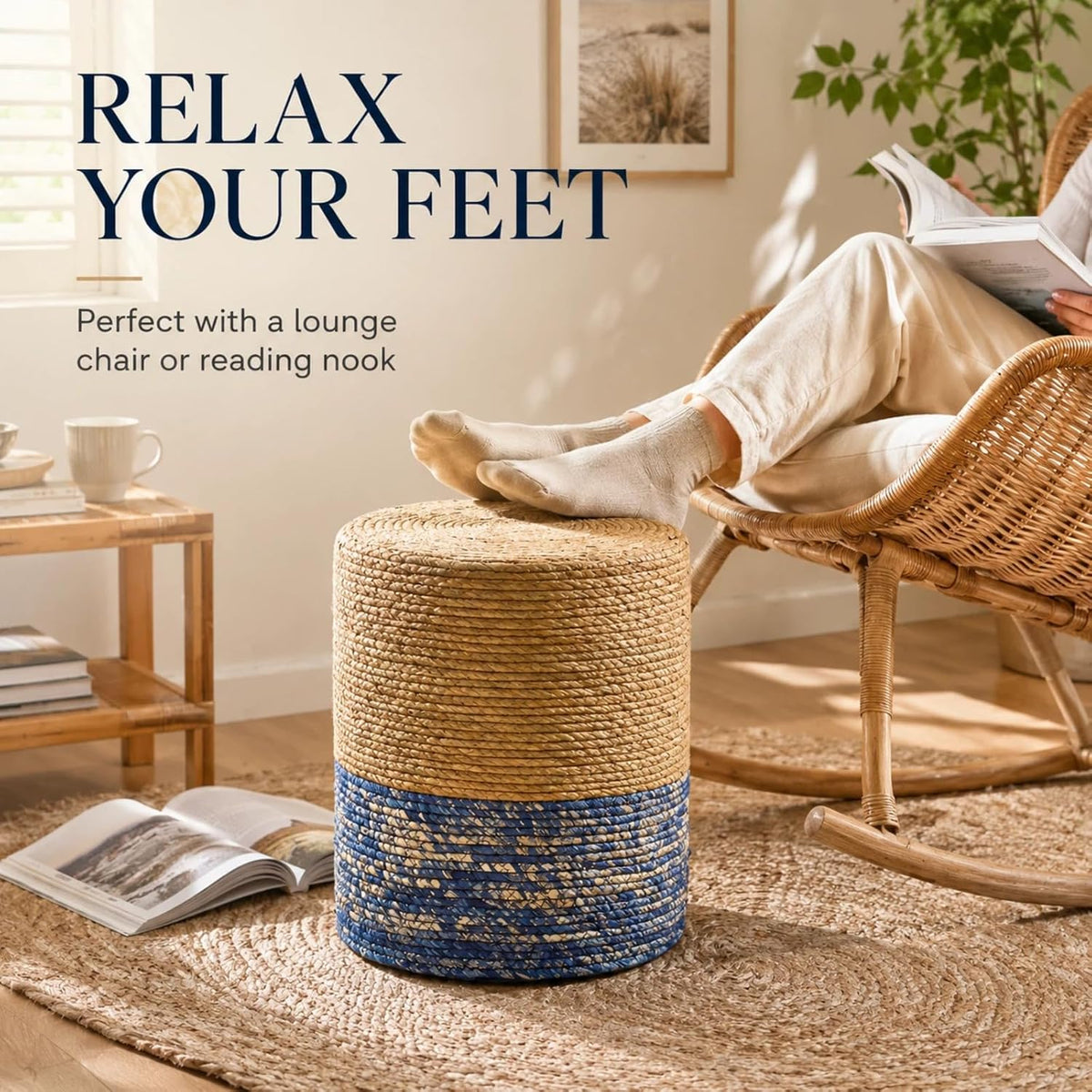 Wimarsbon Natural Seagrass Foot Stool, Hand Weaving Round Ottoman, for Living Room, Outdoor Seat (Natural & Blue)