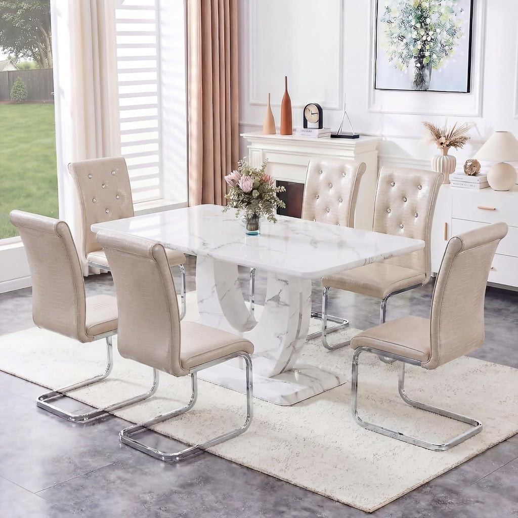 Dining Table Set for 6, Kitchen Table Chairs Set of 6, Modern Dining Room Set 63'' Marble Dinner Table PU Leather Upholstered Chairs for Kitchen (Beige-cro)
