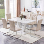 Dining Table Set for 6, Kitchen Table Chairs Set of 6, Modern Dining Room Set 63'' Marble Dinner Table PU Leather Upholstered Chairs for Kitchen (Beige-cro)