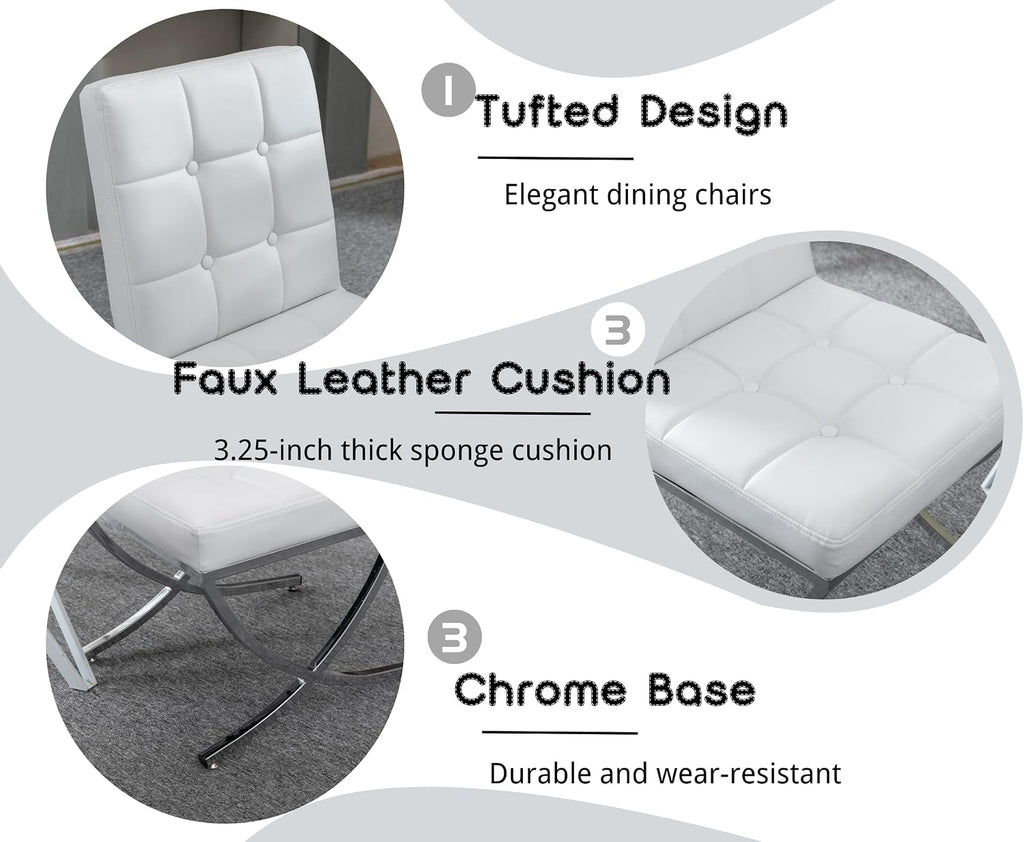 EALSON Modern Dining Chairs Set of 6, White Leather Upholstered Seater with Chrome Metal Legs and High Tufted Backs, Armless, for Dining Room/Kitchen/Restaurant Use