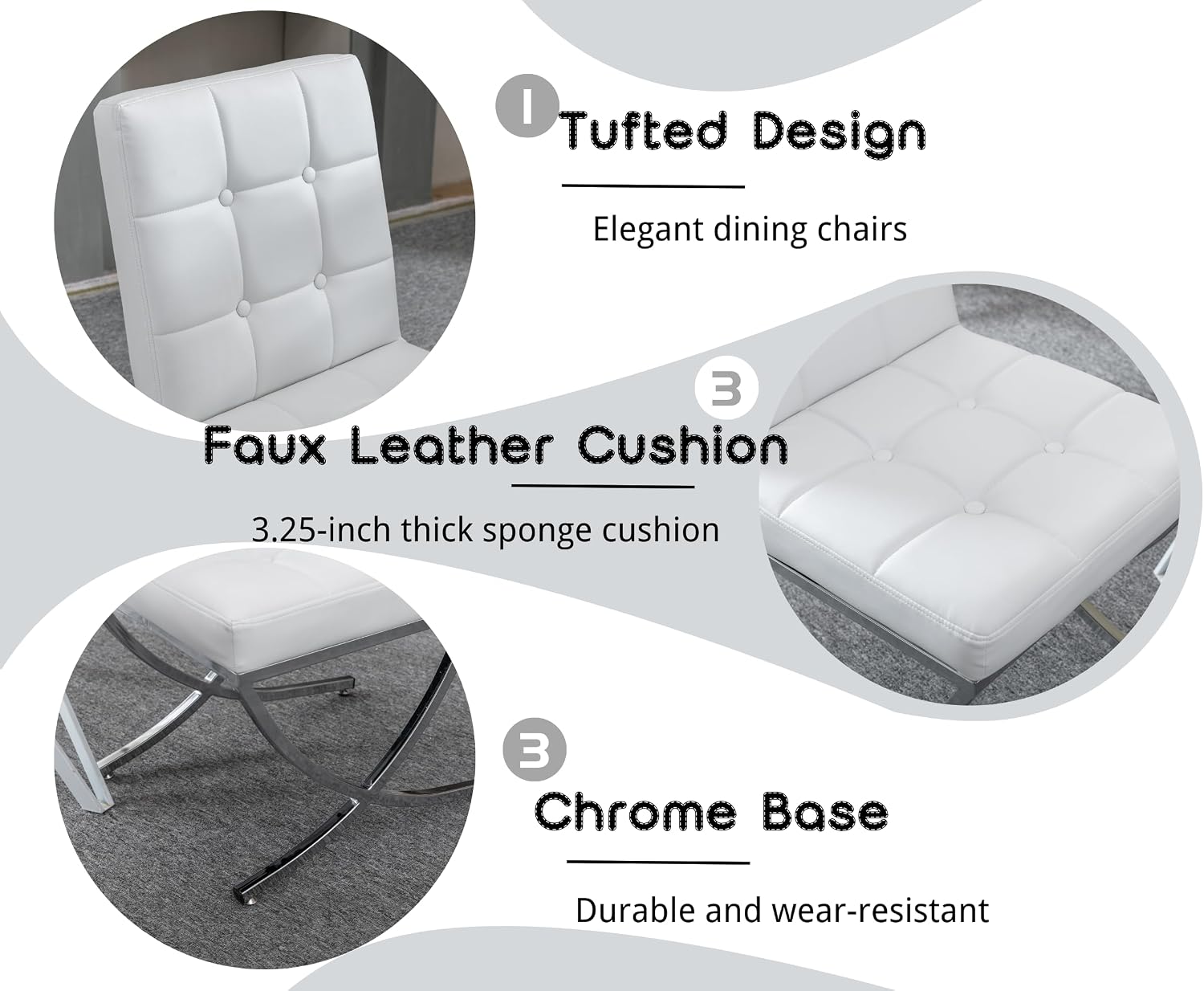 EALSON Modern Dining Chairs Set of 6, White Leather Upholstered Seater with Chrome Metal Legs and High Tufted Backs, Armless, for Dining Room/Kitchen/Restaurant Use