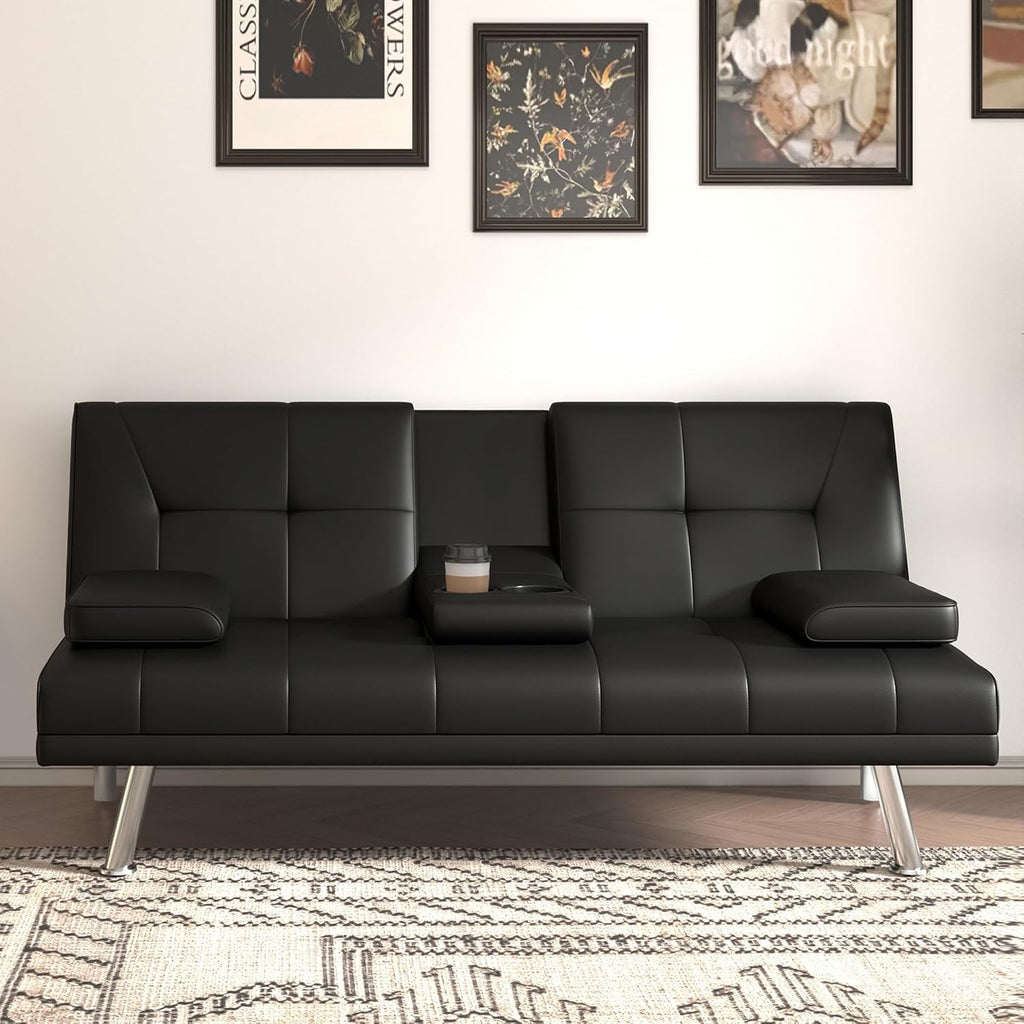 67"Modern Futon Sofa Bed,Convertible 3 in 1 Sleeper Bed Couches with Adjustable Backrest,Cup Holders,Comfy PU Leather Recliner Sofa Loveseat with Chrome Legs for Small Home Living Room (Black)