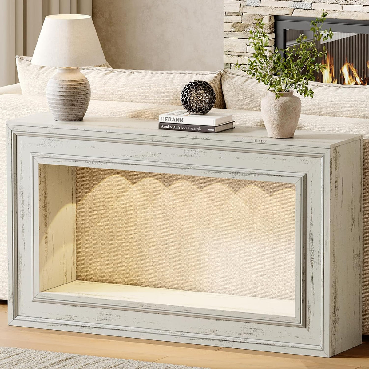 Rresyet 55" Narrow Entryway Console Table with LED Lights & Storage, White