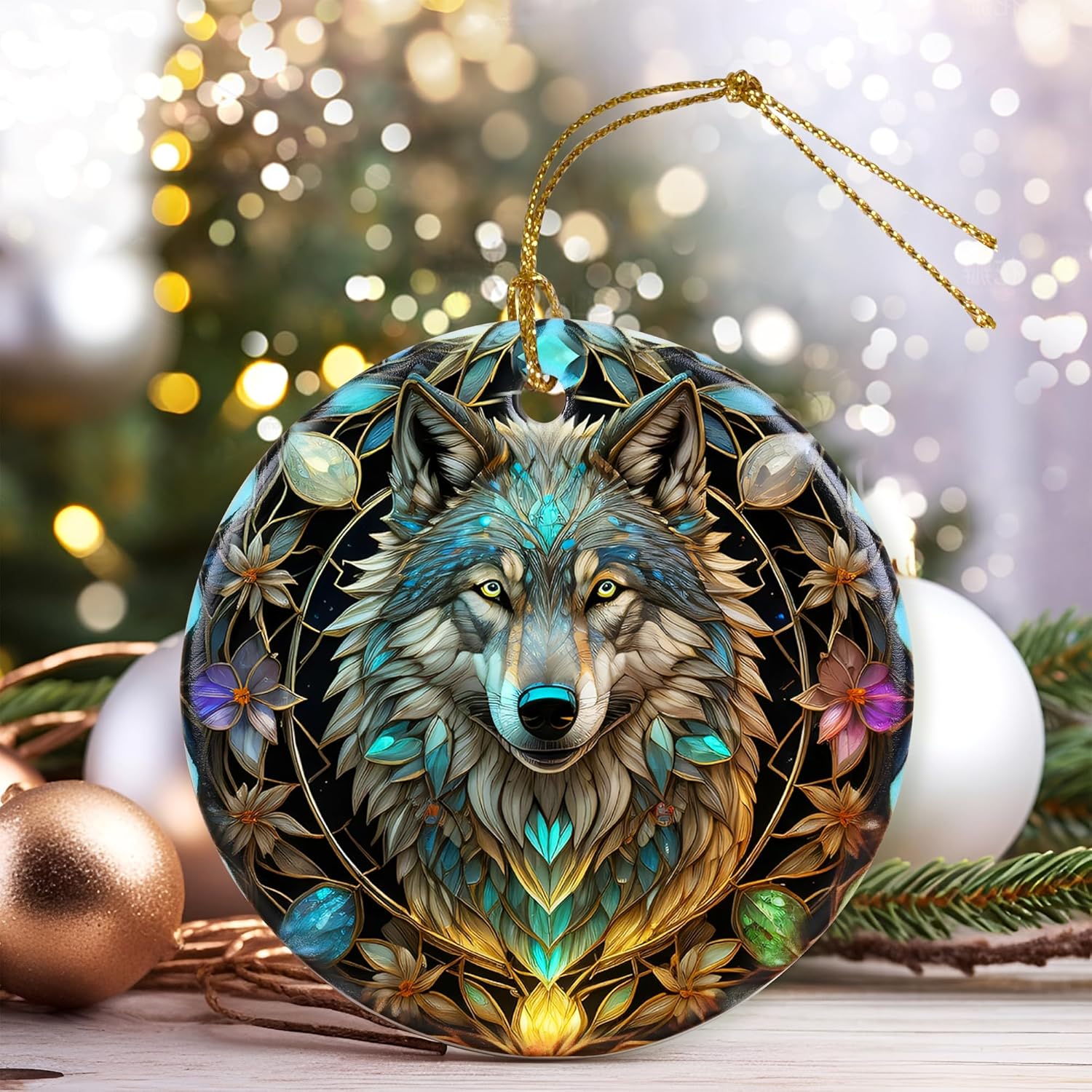 Colorful Ceramic Wolf Christmas Ornament, Wolf Ornaments for Christmas Tree, Holiday Decorations, Christmas Decor, Wolf Lovers, Wolf Gifts, Christmas Ornament Gift Ideas