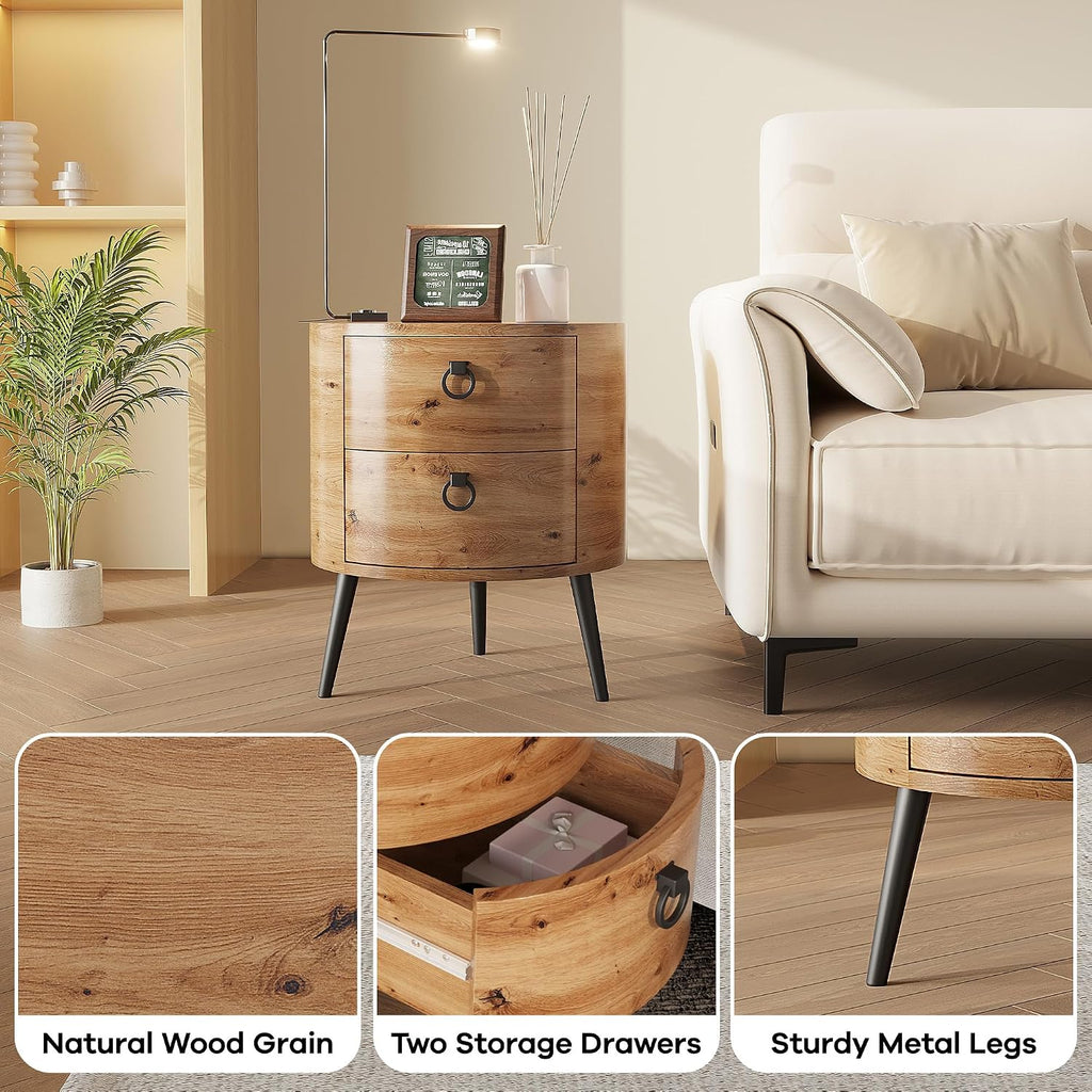 GarveeHome Round Side Table with Drawers Modern Night Stand with Storage Wooden Accent End Table Circle Bedside Table with Metal Legs for Living Room, Bedroom (Natural)
