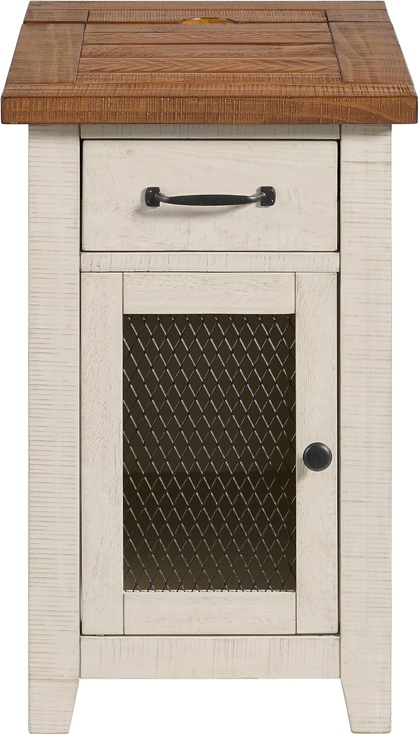 Martin Svensson Home Rustic Solid Wood Chairside End Table, White and Honey | with Power, Cabinet Storage, One Drawer