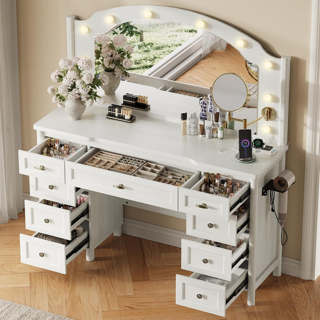STO'SENSE Vanity Desk with Mirror and Lights, Makeup Vanity Table with 9 Drawers, Magnifying Mirror & Power Outlet, Large Vintage Dressing Table for Women & Girls Bedroom (White)