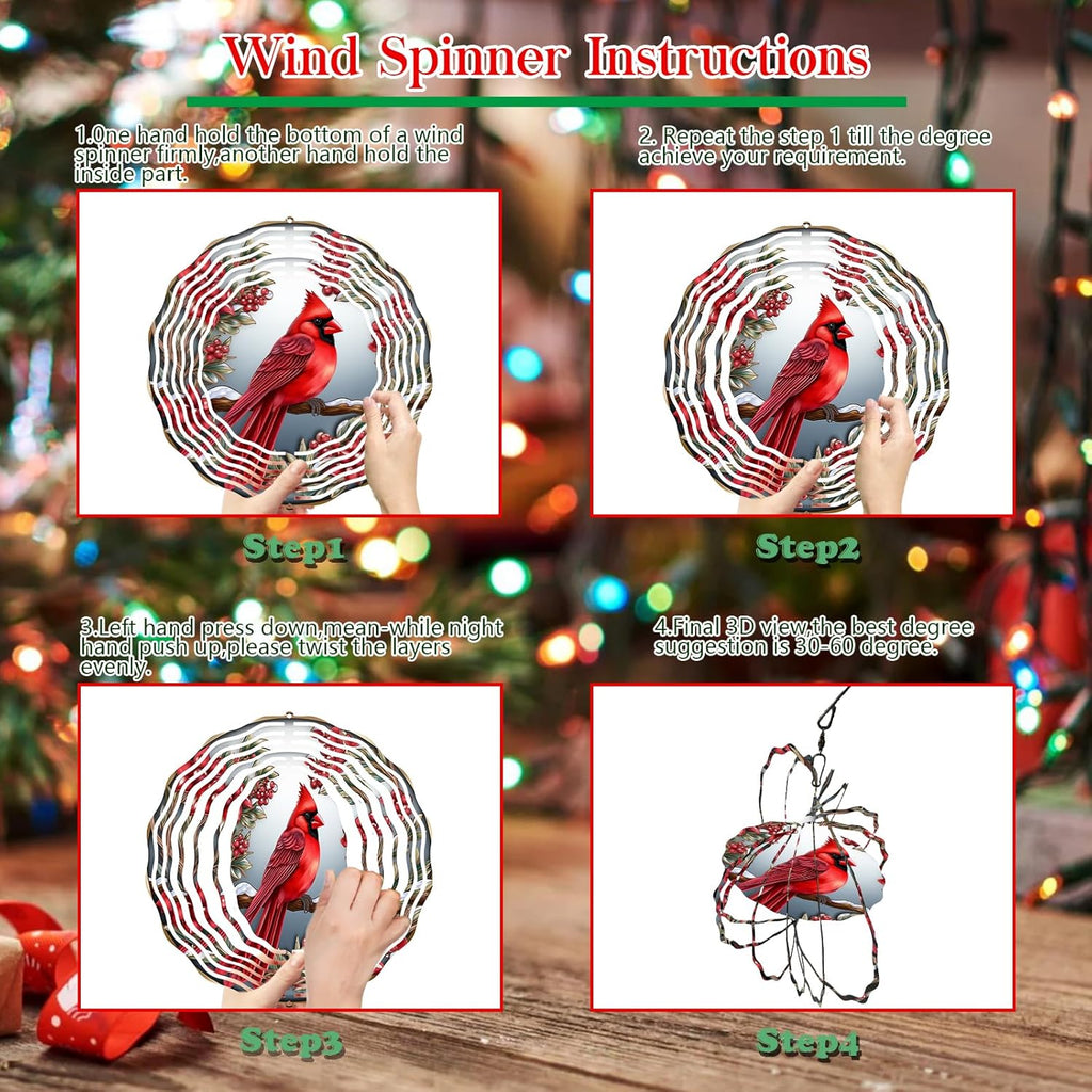 Cardinal Wind Spinner,3D Bird Spinners with Holly for Yard and Garden 3D Steel Wind Spinners Outdoor Wind Spinner 10 inch 3D Xmas Wind Sculptures