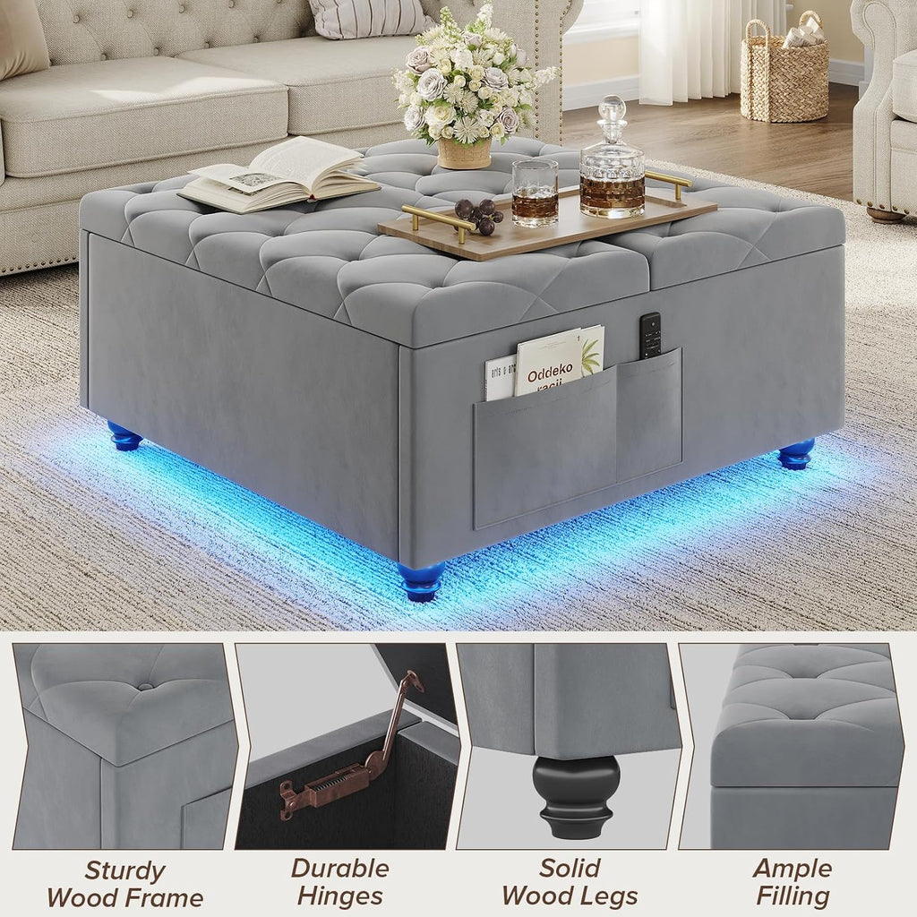 Dnxao Ottoman Coffee Table with Storage and Tray for Living Room, Gray | Tufted Velvet Large Square Ottoman with LED Lights and Charging Station, Multi-Functional Footrest with Storage Pockets