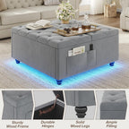 Dnxao Ottoman Coffee Table with Storage and Tray for Living Room, Gray | Tufted Velvet Large Square Ottoman with LED Lights and Charging Station, Multi-Functional Footrest with Storage Pockets