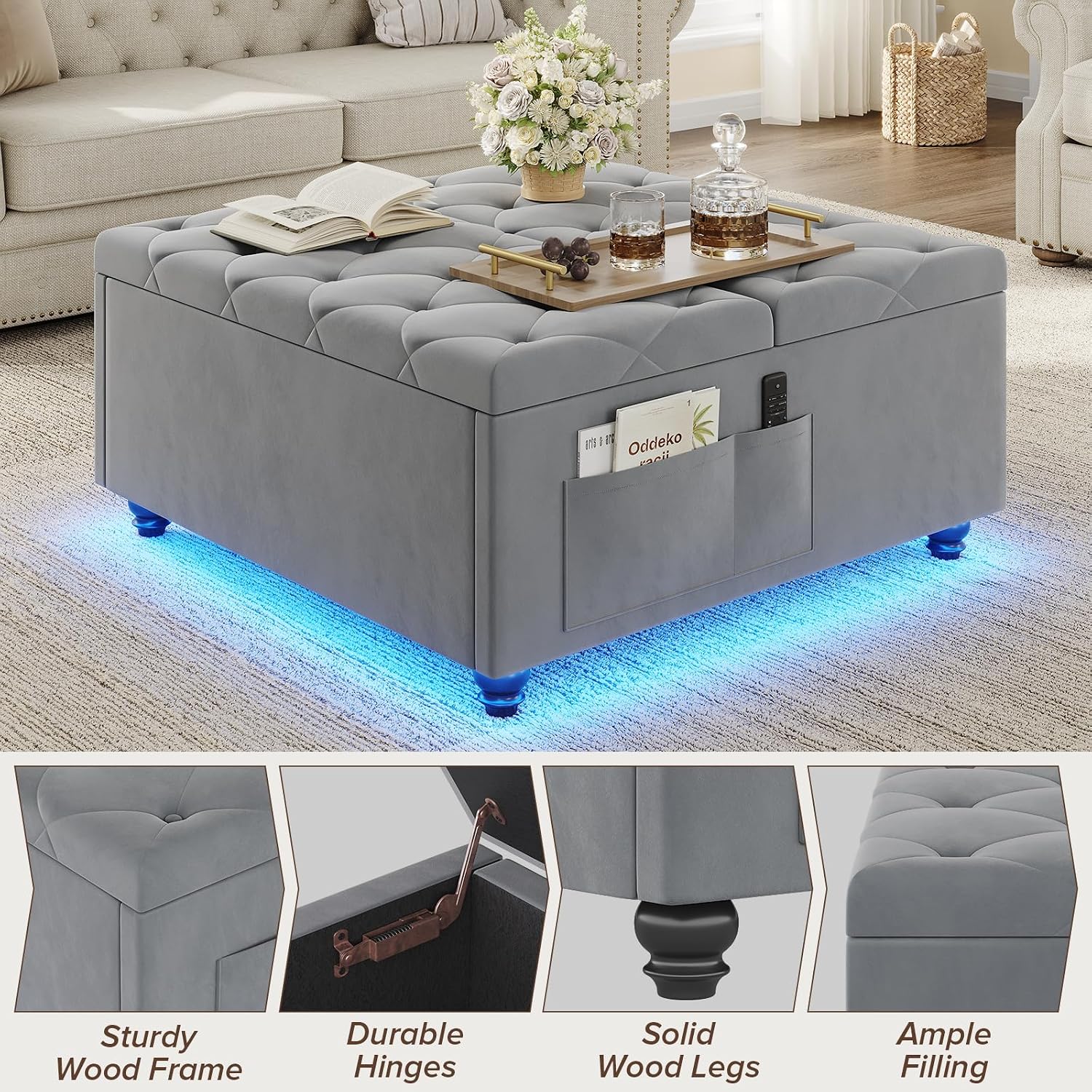 Dnxao Ottoman Coffee Table with Storage and Tray for Living Room, Gray | Tufted Velvet Large Square Ottoman with LED Lights and Charging Station, Multi-Functional Footrest with Storage Pockets