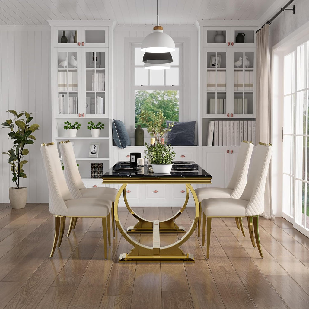 7 Piece Dining Room Table Set for 6, Kitchen and Dining Room Table Set with 70" Gold Rectangular Dining Table and 6 White Velvet Upholstered Dining Chairs