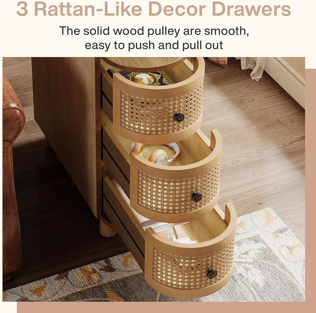Tribesigns 3-Drawer Rattan End Table, Sofa Side Table with Vintage Embossed Handles for Living Room, Bedroom (2, Oak)