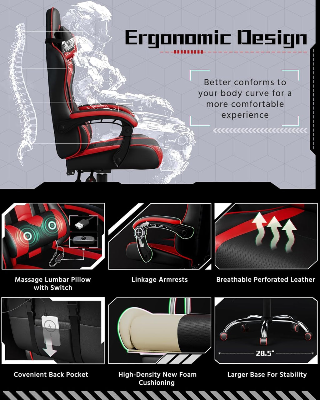 Yaheetech Gaming Chair with Massage Lumbar Pillow High Back Reclining Red | PU leather racing seat with thick foam padding, massaging lumbar cushion, headrest, and steady recline for all-day comfort.