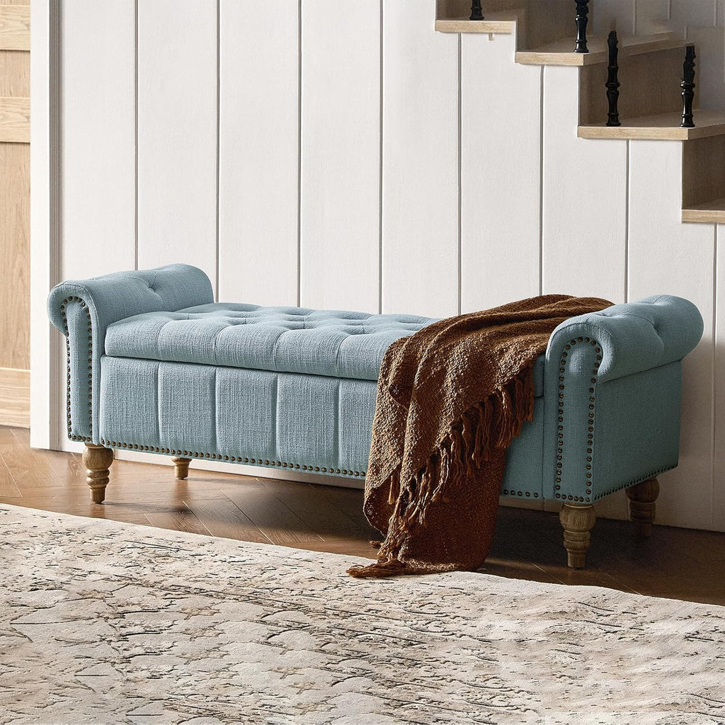 HULALA HOME Farmhouse Storage Bench, Blue | End of Bed Bench with Vintage Button-Tufted Design, Bedroom Bench with Storage for Bedroom, Entryway, Living Room