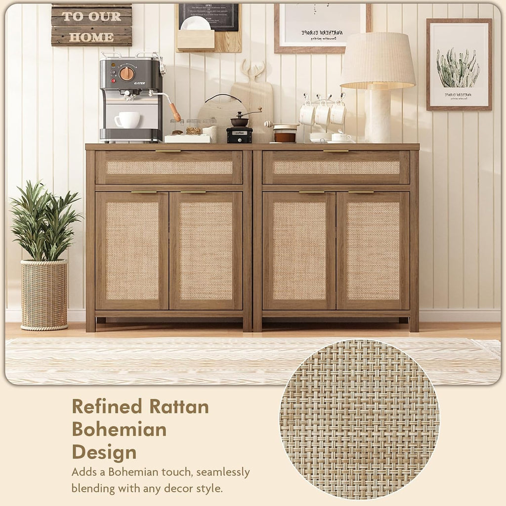 Sideboard Buffet Cabinet with Storage - 30" Rattan Boho Console Cabinets with Drawers, Mid Century Coffee Bar Cabinet for Entryway Living Room, Caramel Oak, Two Doors, Set of 2